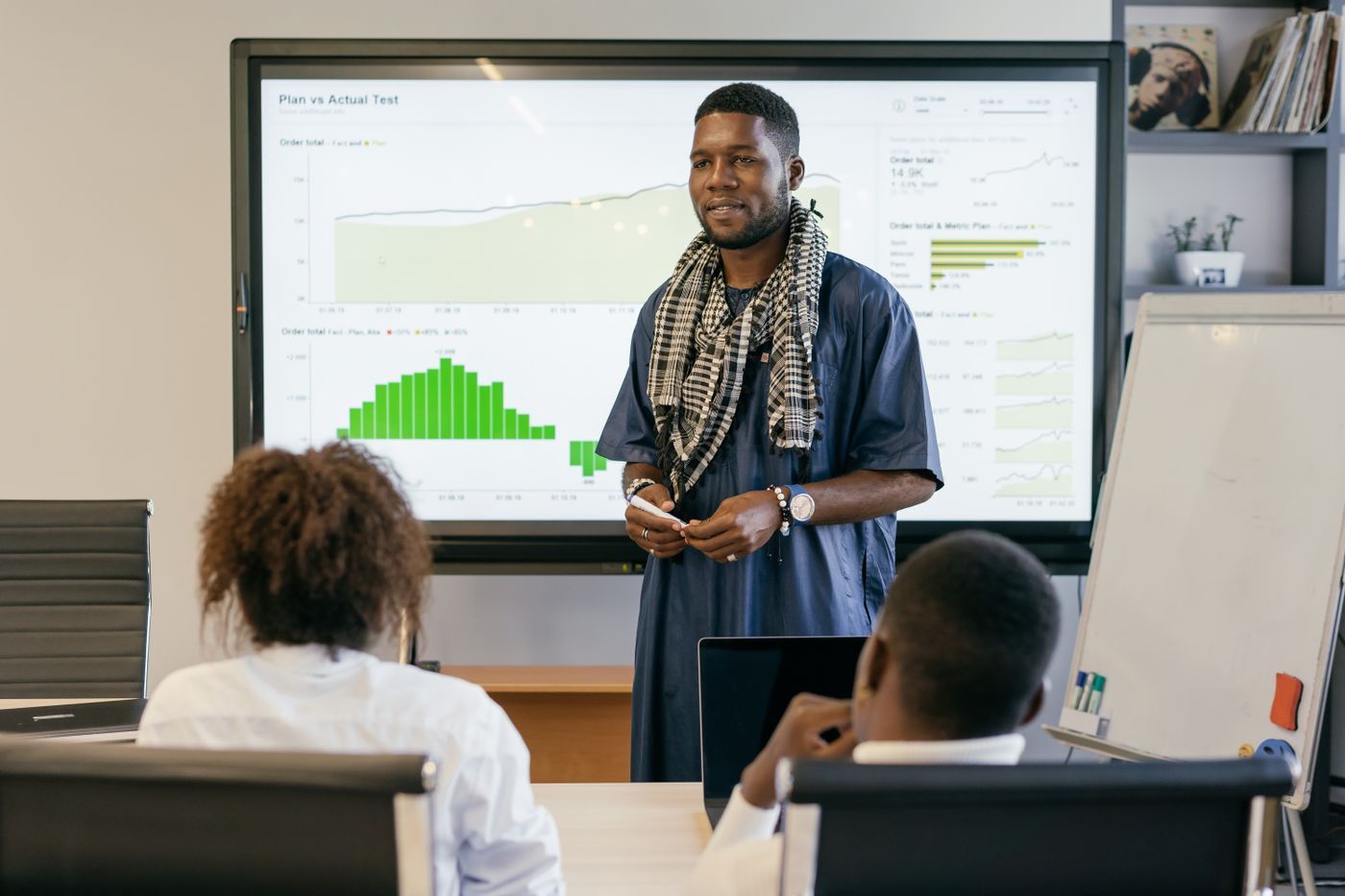A man presenting performance charts on a screen to two colleagues in an office