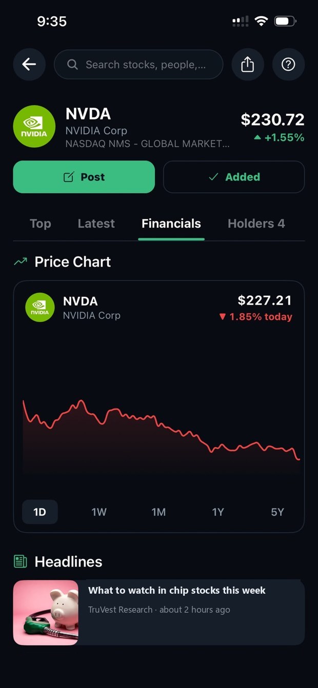 A stock page with its chart and headlines