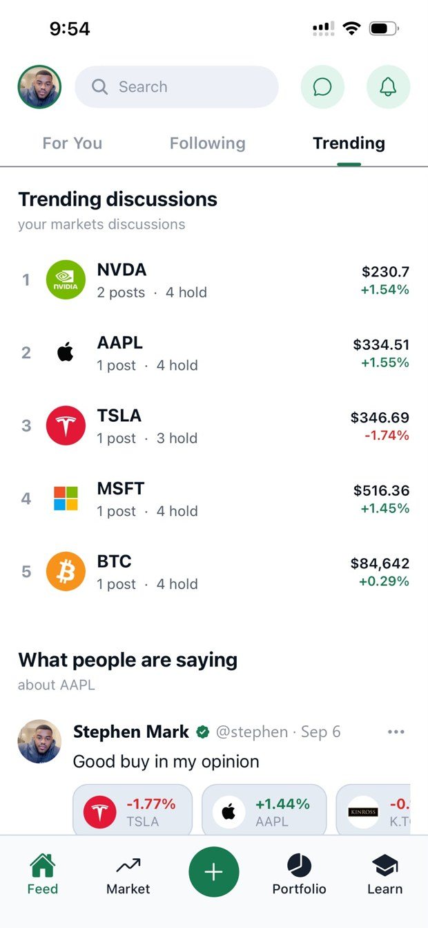 Trending discussions with how many people hold each stock